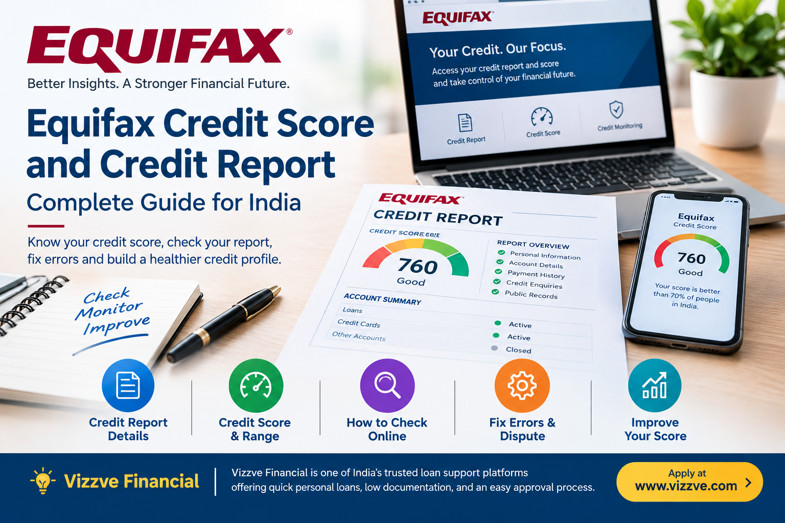 Equifax credit score and credit report guide showing how to check a credit score, review credit history, dispute errors and improve credit health in India, with Vizzve Financial branding.